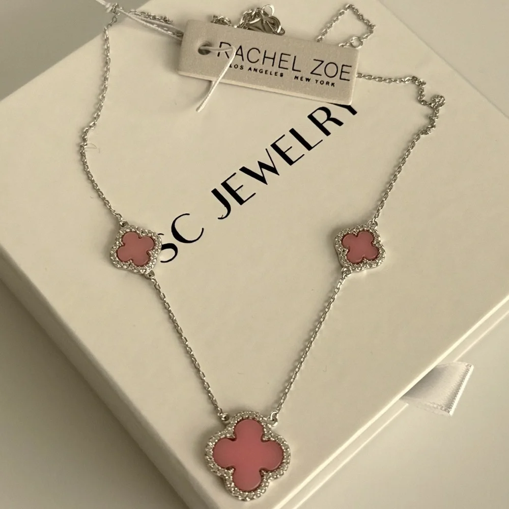 Sold Out / Rachel Zoe Clover Necklace Pink Clover 925 Sterling Silver - Picture 2 of 5